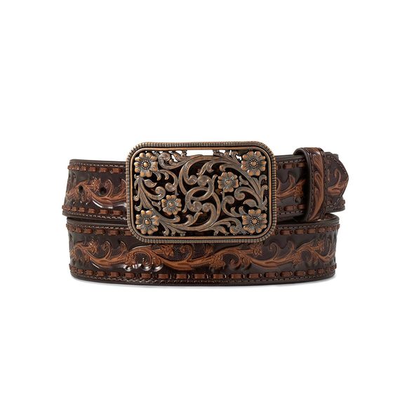 Women\'s Floral Embossed Leather Belt With Ornate Copper Buckle, Chocolate,🤙